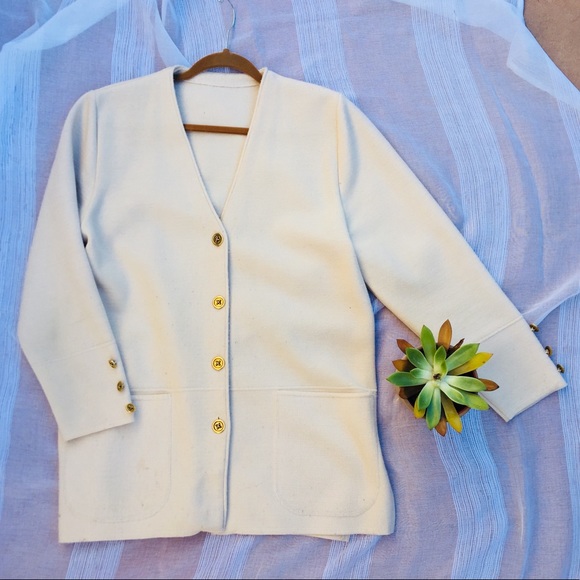 Vintage Cream Knit Blazer Gold Buttons Size Med/Lg - Picture 3 of 6